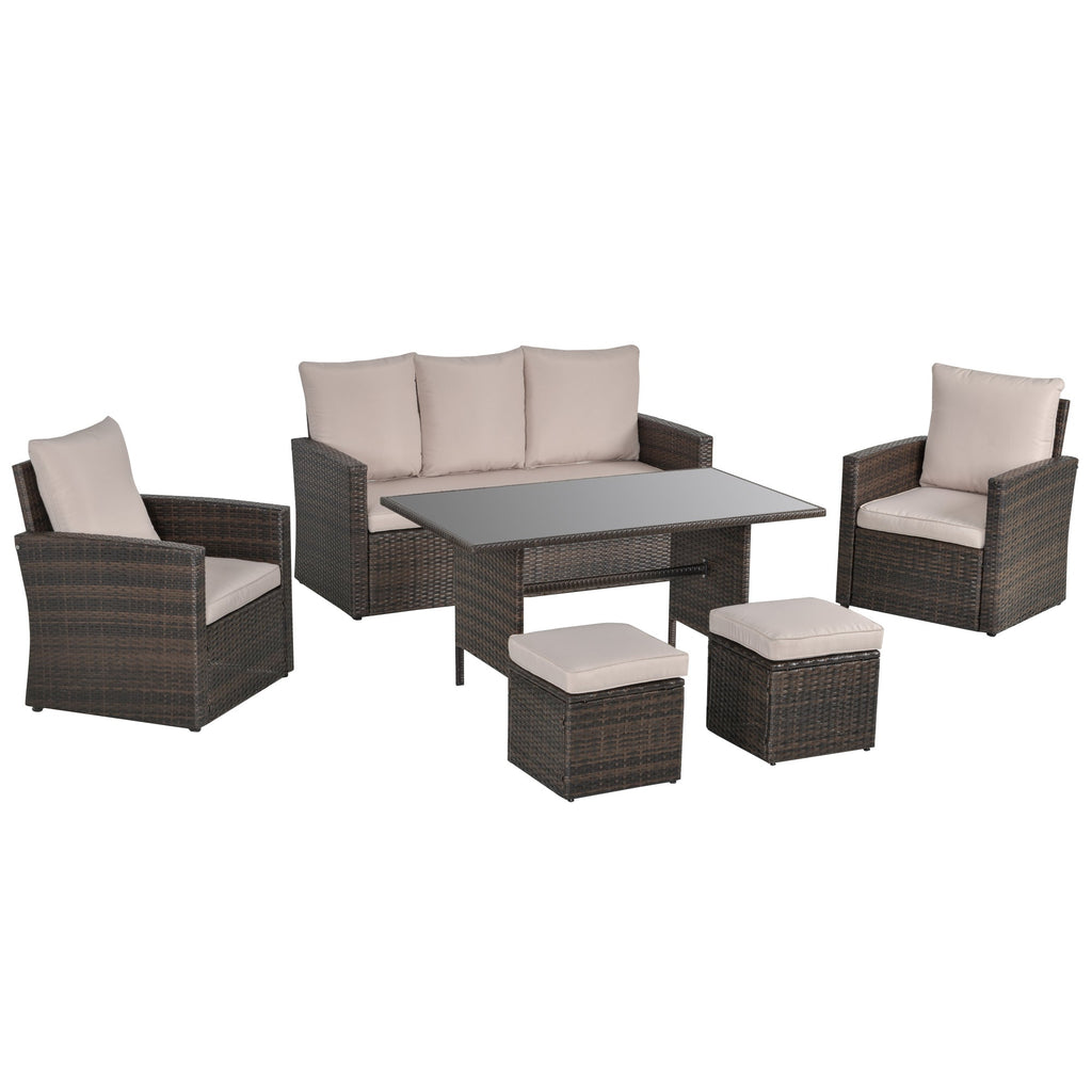 6 Piece Outdoor Rattan Dining Set with Cushions and Tempered Glass Table - Mixed Brown