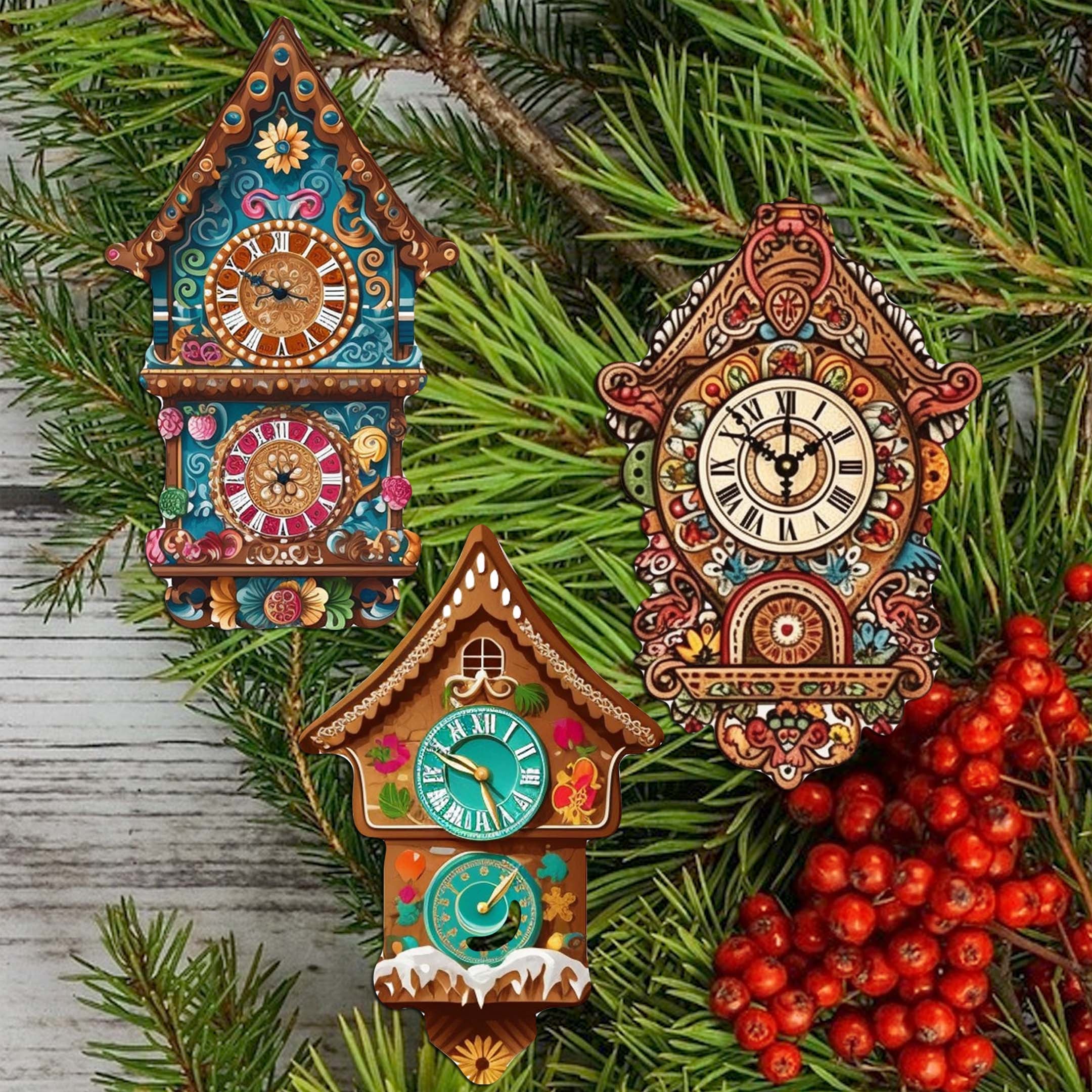 Miniature clock Decorative Wooden Clip-on Ornaments Set of 3 by G. Debrekht - Christmas Decor - 8091020C-S3