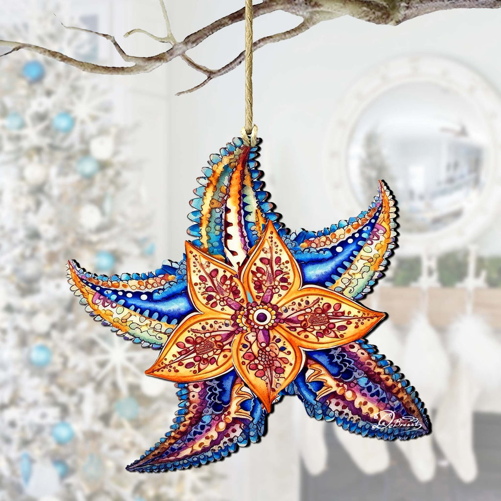 Nautical Christmas Ornaments - Mosaic Starfish Wooden Ornaments by G.Debrekht Coastal Holiday Decor - 8688180