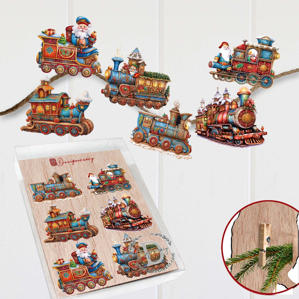 Santa Christmas Train Decorative Wooden Clip-on Ornaments Set of 6 by G. Debrekht - Christmas Decor - 8090123C-S6