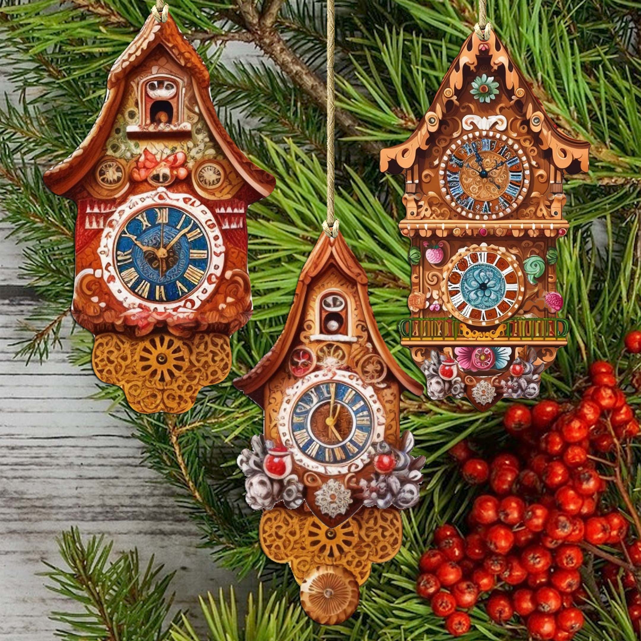 Miniature Clock Decorative Wooden Ornaments Set of 3 by G. Debrekht - Christmas Decor - 8091020-S3