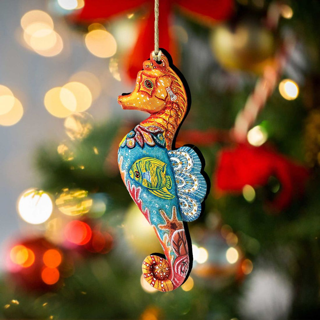 Seahorse Christmas Wooden Ornaments by G. DeBrekht - Coastal Holiday Decor - 8126111