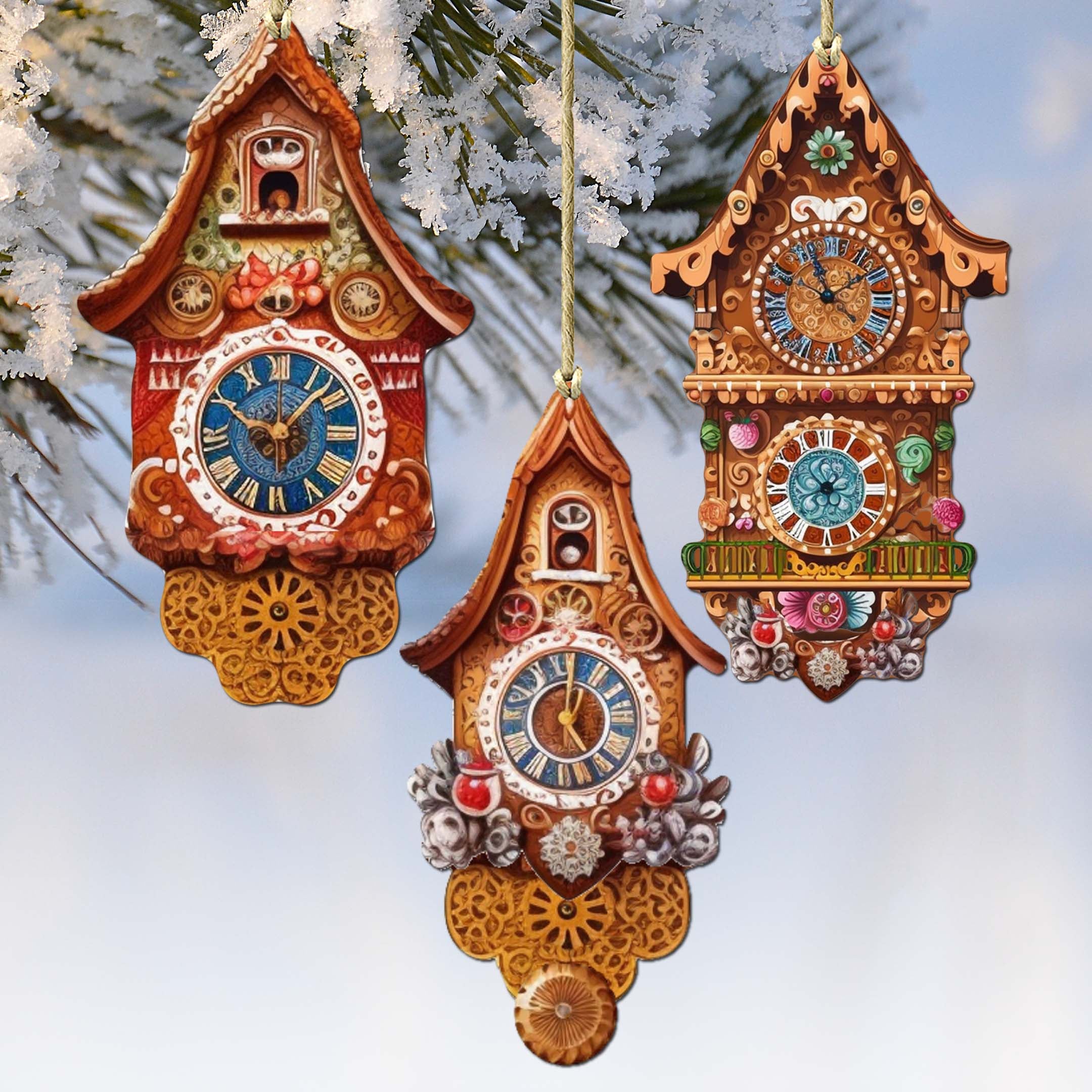 Miniature Clock Decorative Wooden Ornaments Set of 3 by G. Debrekht - Christmas Decor - 8091020-S3