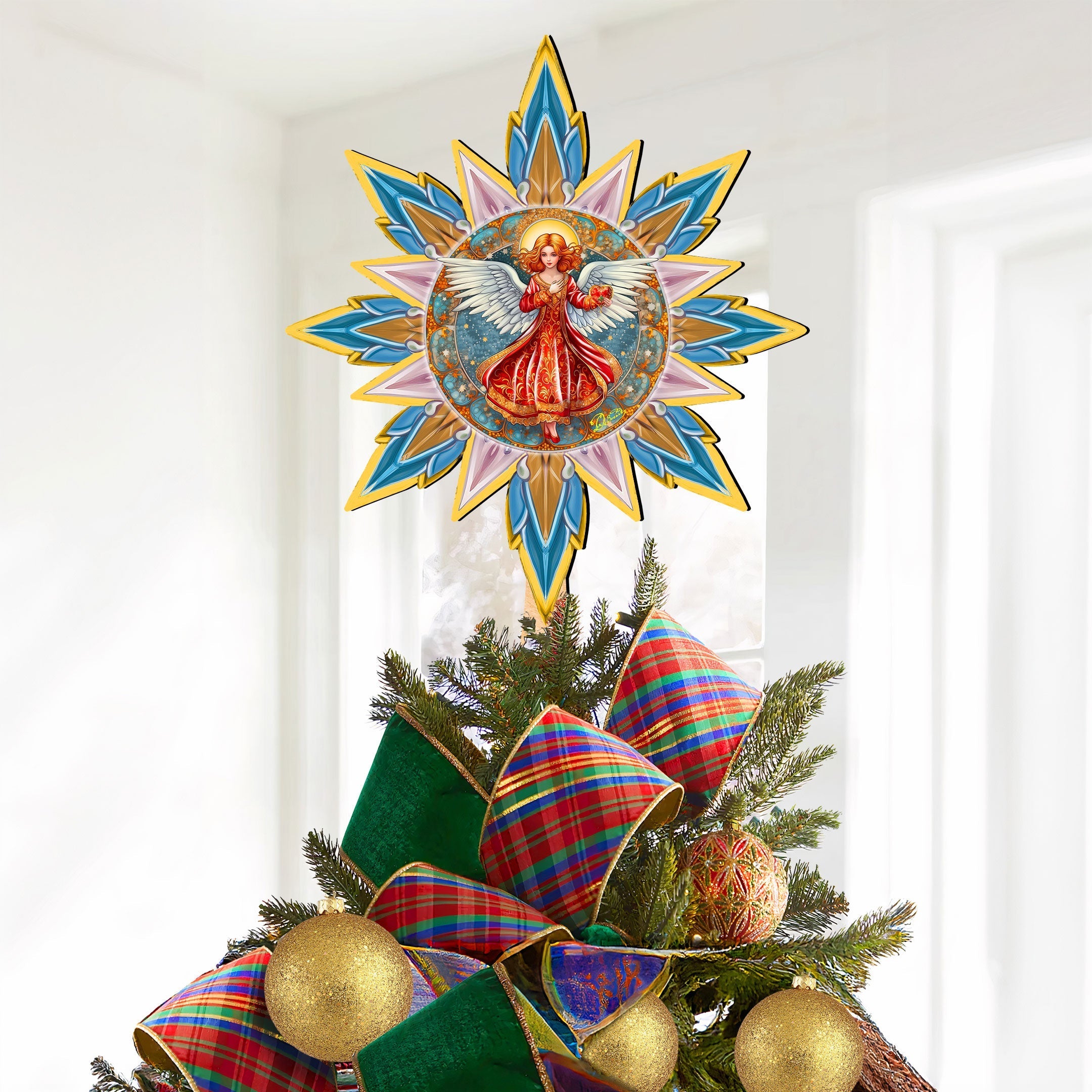Angel with Love Star Tree Topper Wooden Decor by G. Debrekht - Nativity Holiday Decor - 89508