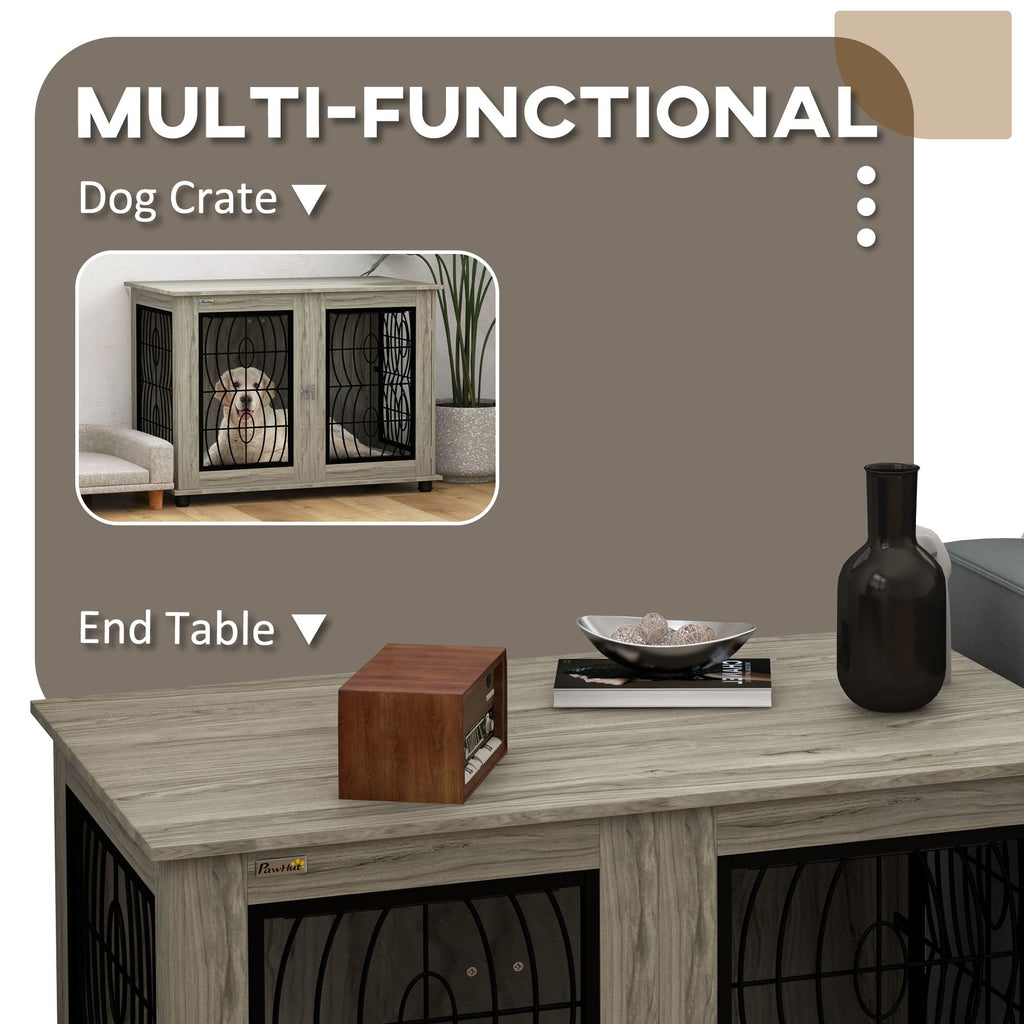 Indoor Dog Crate Furniture End Table with Soft Washable Cushion, Lockable Front Door, for Large Dogs - Grey-4