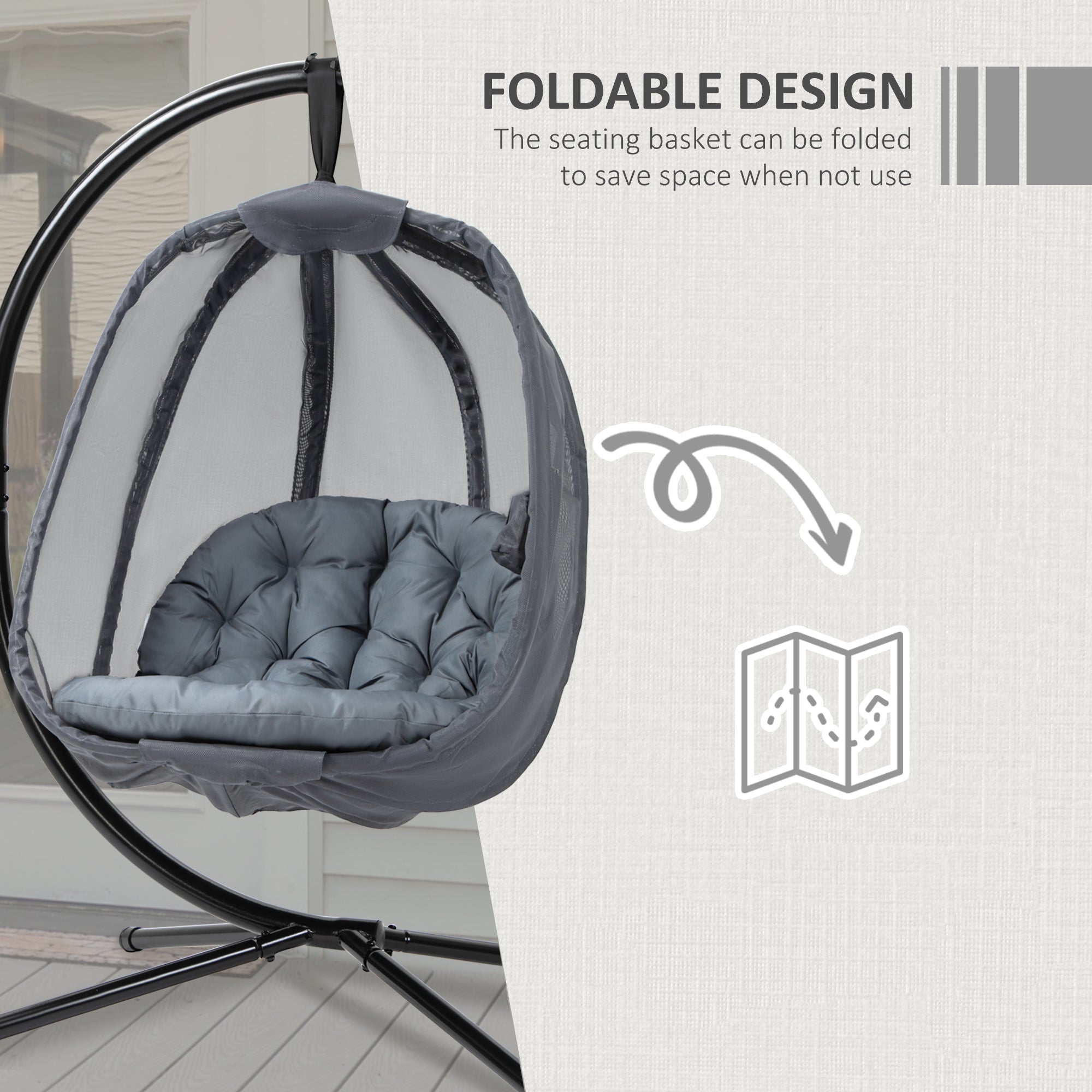 Hanging Egg Chair with Folding Stand and Cushion - Grey-4
