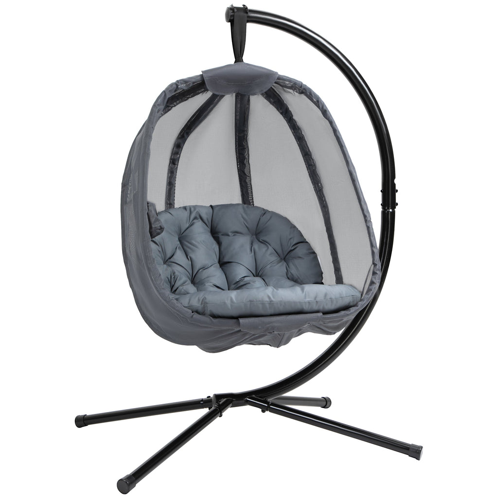 Hanging Egg Chair with Folding Stand and Cushion - Grey-0