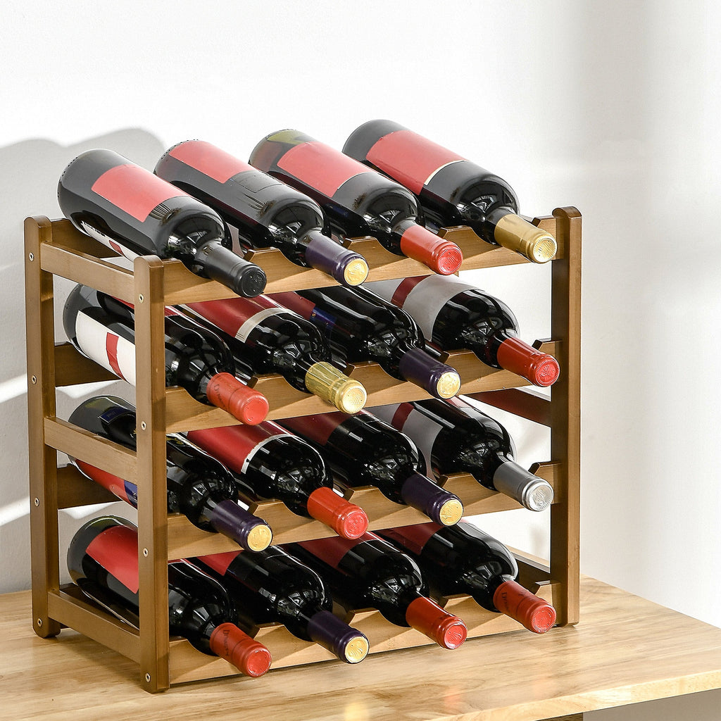 Free Standing Bamboo Wine Rack with 16 Bottles Holder, 4-tier Water Bottle Organizer, Display Shelf for Countertop, Home Bar, Brown-1