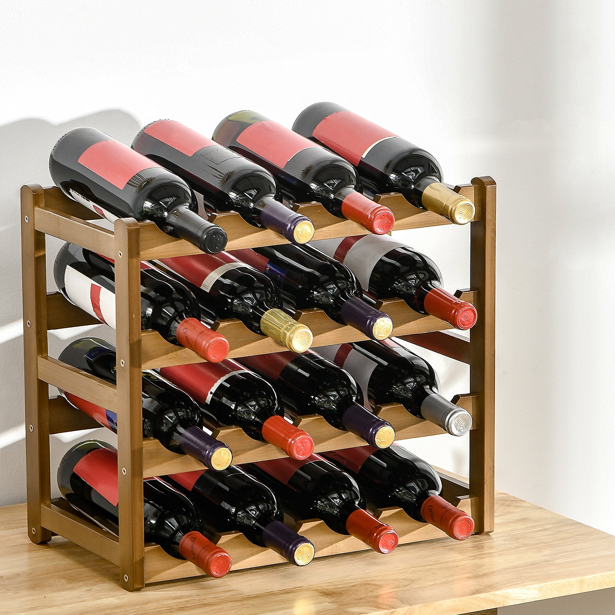 Free Standing Bamboo Wine Rack with 16 Bottles Holder, 4-tier Water Bottle Organizer, Display Shelf for Countertop, Home Bar, Brown-1