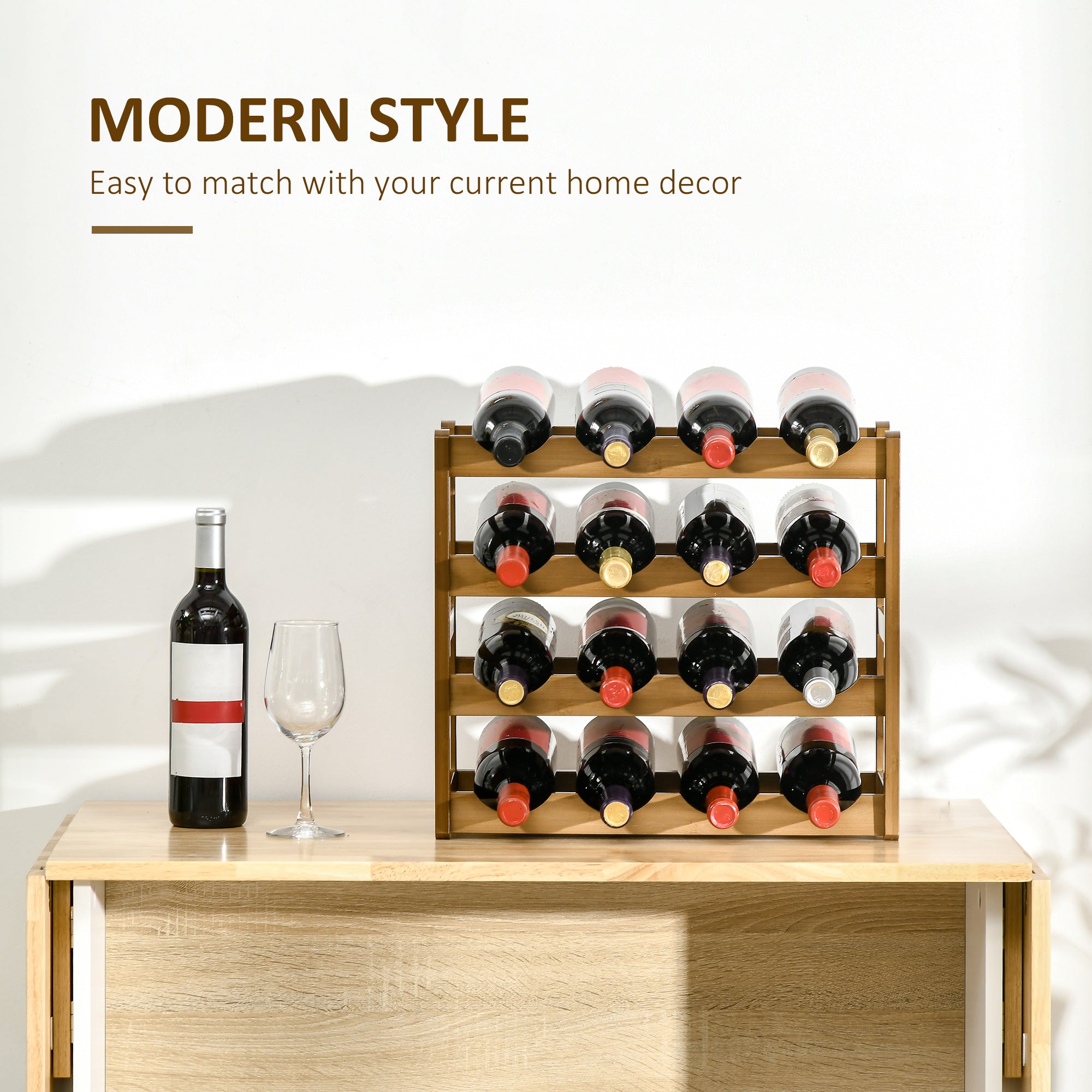 Free Standing Bamboo Wine Rack with 16 Bottles Holder, 4-tier Water Bottle Organizer, Display Shelf for Countertop, Home Bar, Brown-3
