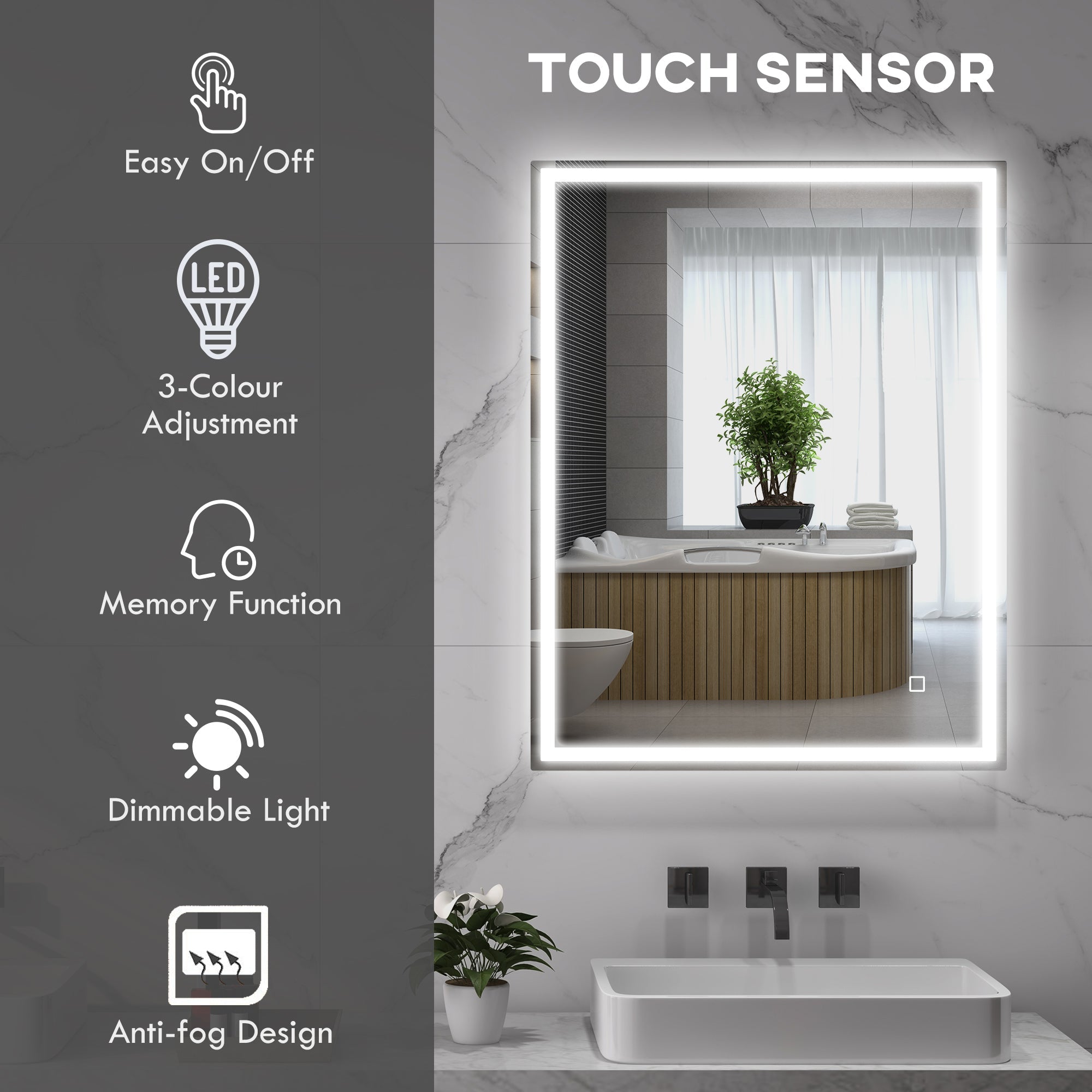 Dimmable LED Bathroom Mirror with Anti-Fog and Smart Touch - 90 x 70cm-3