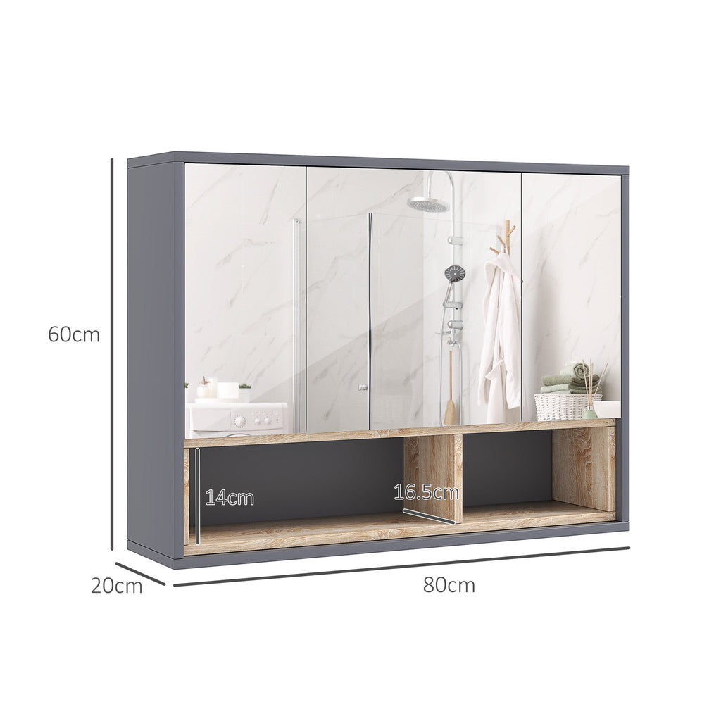 Bathroom Mirror Cabinet, Wall Mounted Bathroom Cabinet with Mirror, 3 Doors and Cupboards, Grey-2