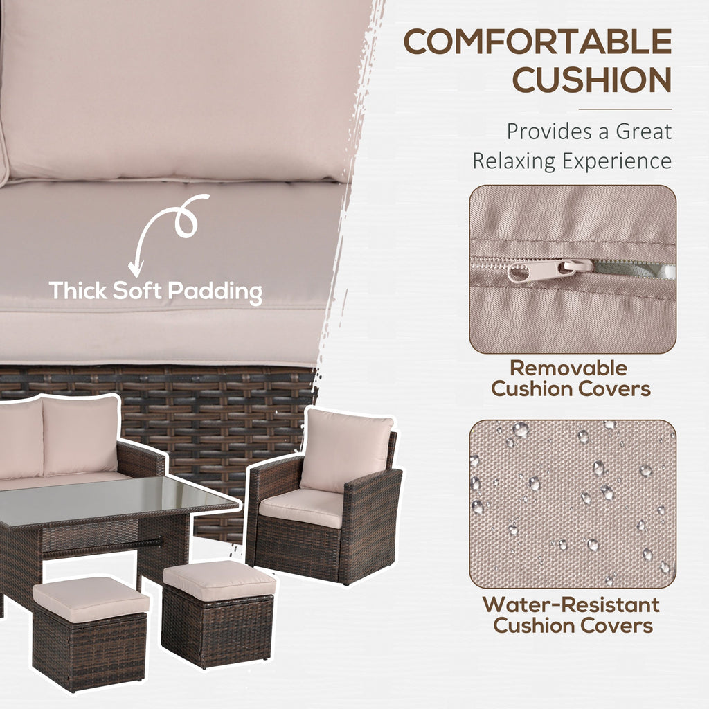 6 Piece Outdoor Rattan Dining Set with Cushions and Tempered Glass Table - Mixed Brown