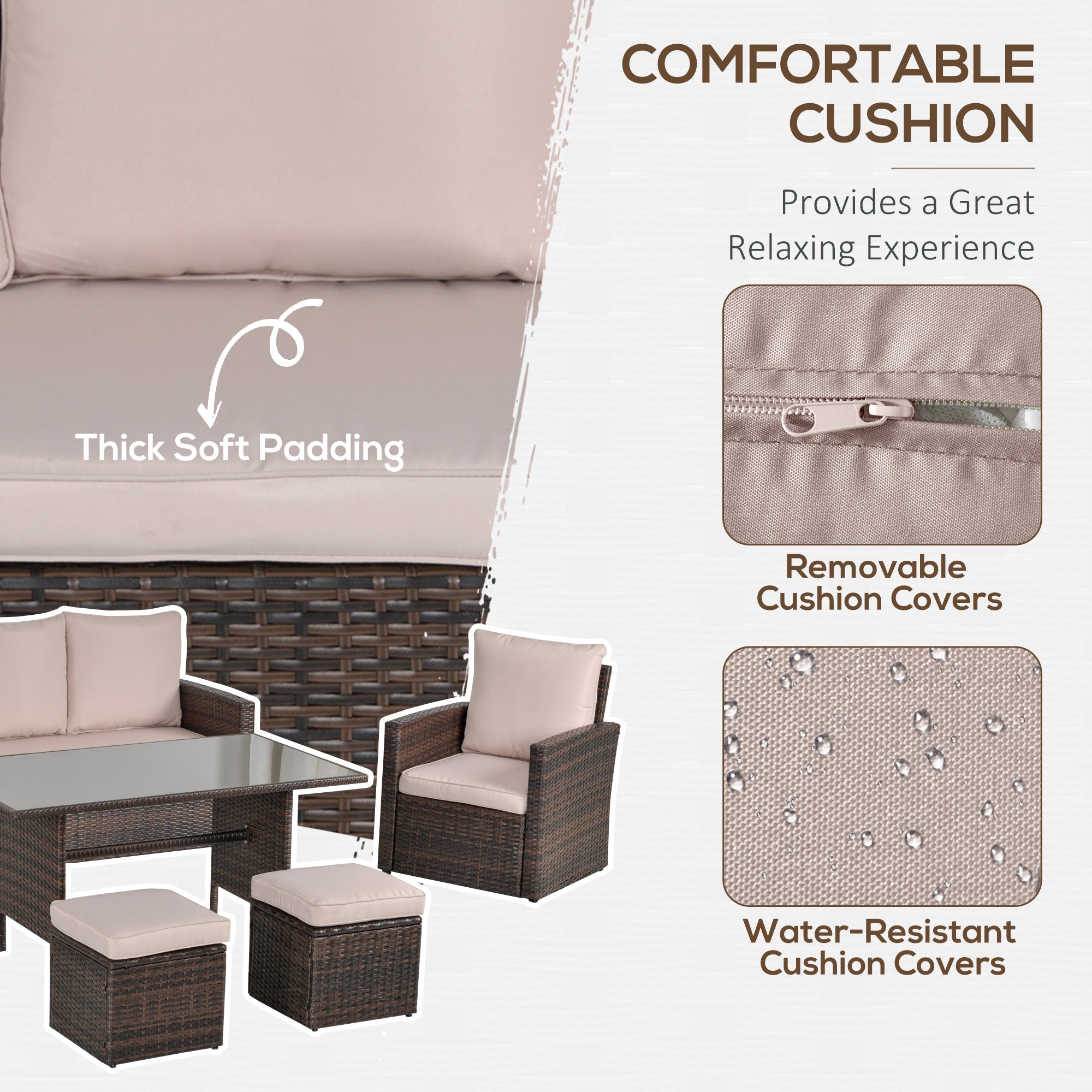 6 Piece Outdoor Rattan Dining Set with Cushions and Tempered Glass Table - Mixed Brown