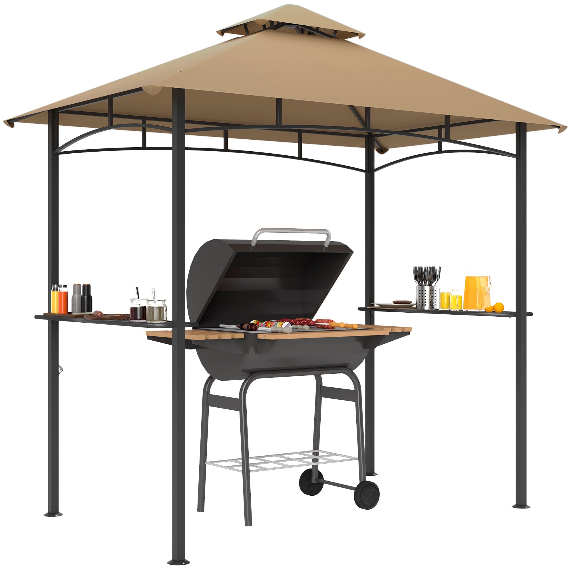2.5 Metre Double Tiered BBQ Gazebo with Side Shelves - Khaki-0
