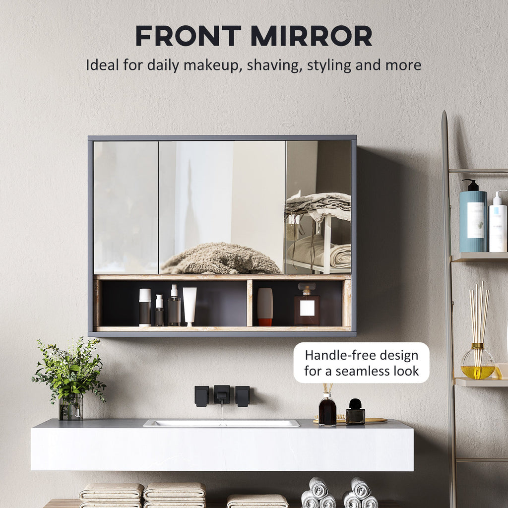 Bathroom Mirror Cabinet, Wall Mounted Bathroom Cabinet with Mirror, 3 Doors and Cupboards, Grey-4