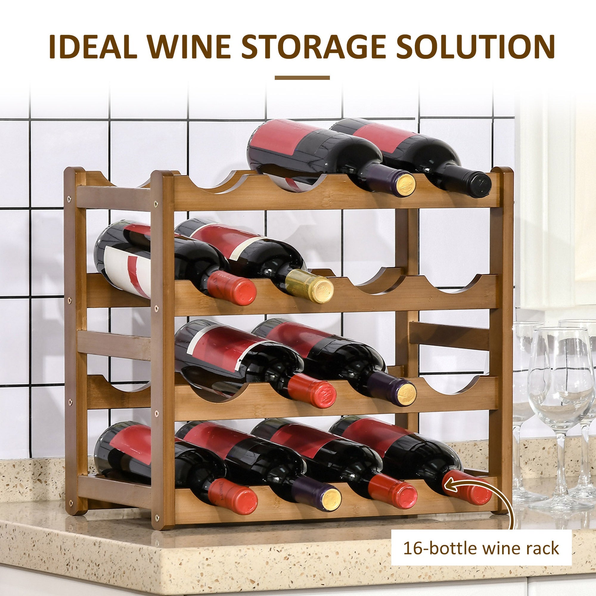 Free Standing Bamboo Wine Rack with 16 Bottles Holder, 4-tier Water Bottle Organizer, Display Shelf for Countertop, Home Bar, Brown-4