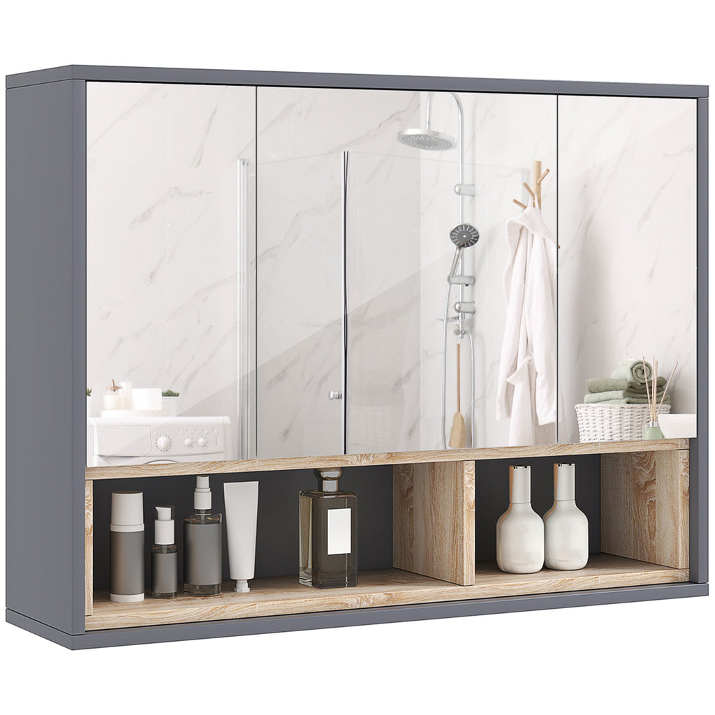 Bathroom Mirror Cabinet, Wall Mounted Bathroom Cabinet with Mirror, 3 Doors and Cupboards, Grey-0