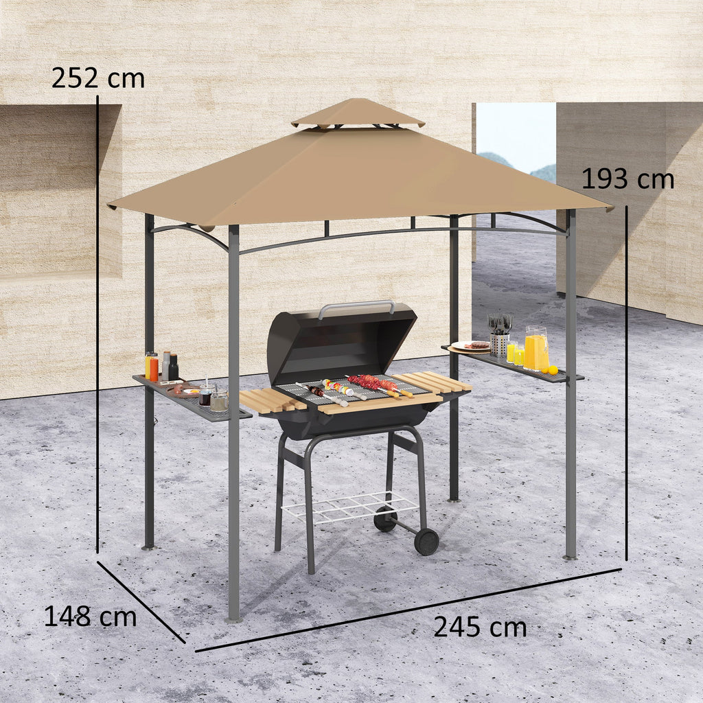 2.5 Metre Double Tiered BBQ Gazebo with Side Shelves - Khaki-2