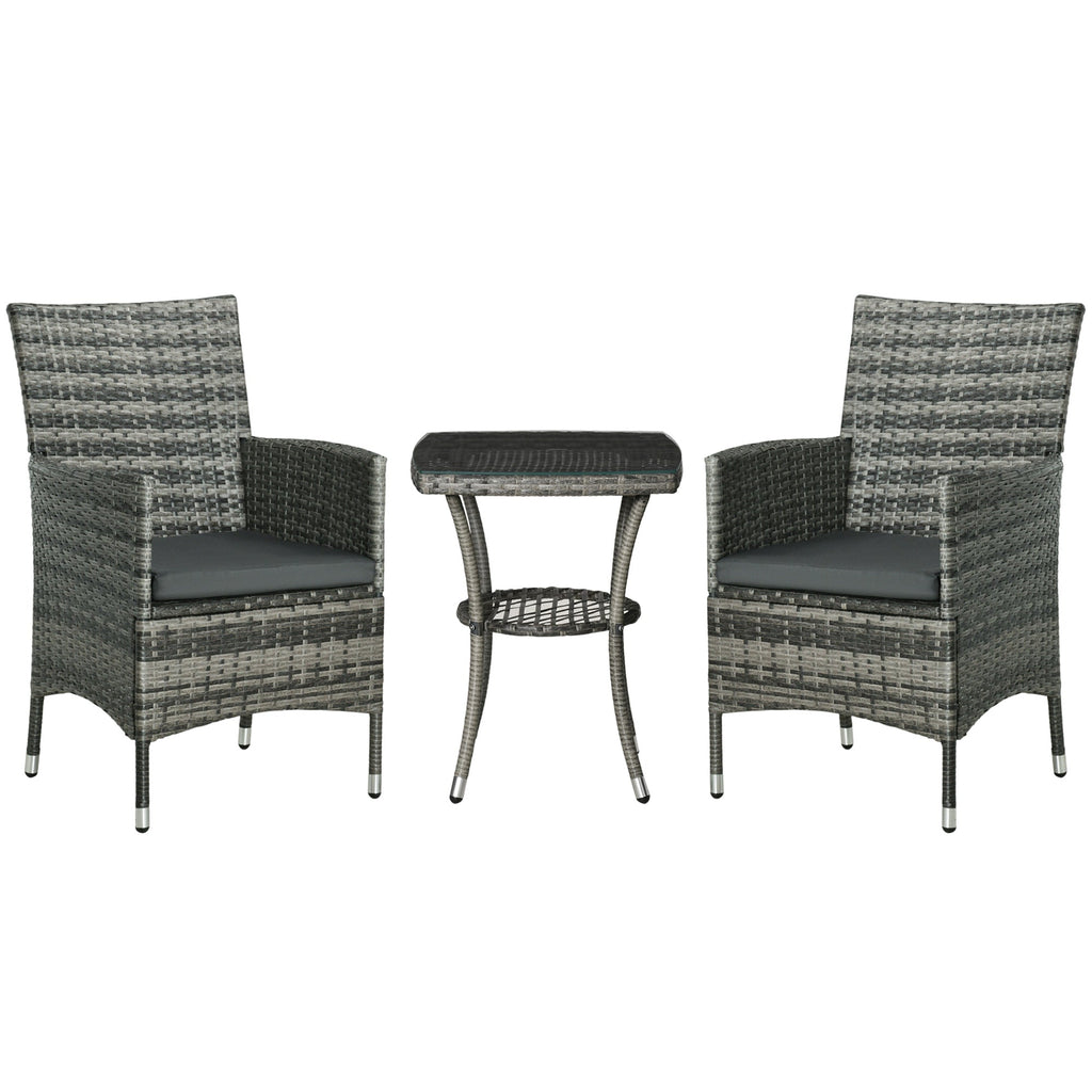 3 Piece Rattan Garden Bistro Set with Cushions - Light Grey-0