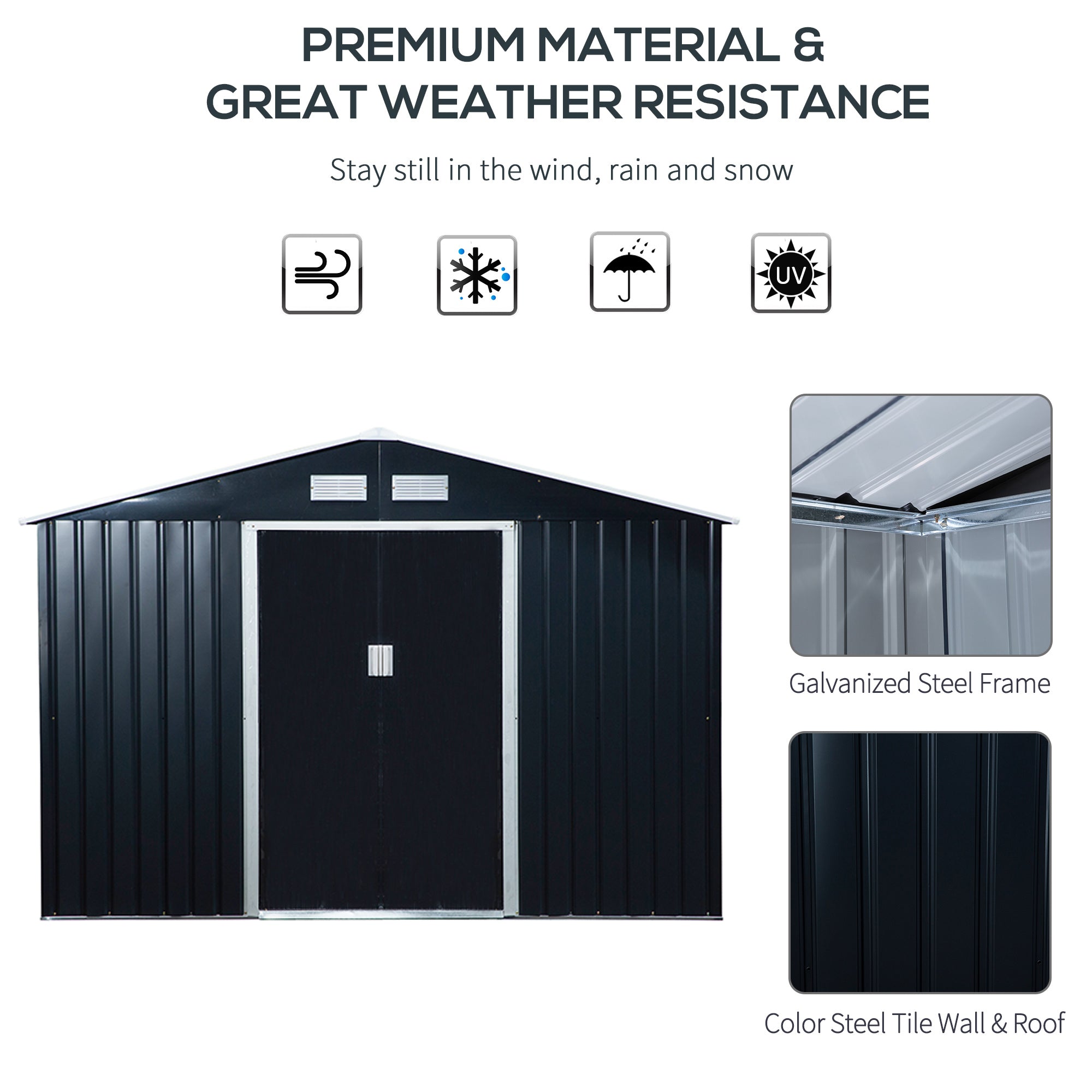 9 x 6ft Metal Outdoor Garden Storage Shed with Ventilation Dark Grey-3