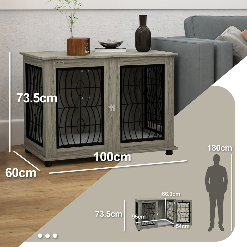 Indoor Dog Crate Furniture End Table with Soft Washable Cushion, Lockable Front Door, for Large Dogs - Grey-2