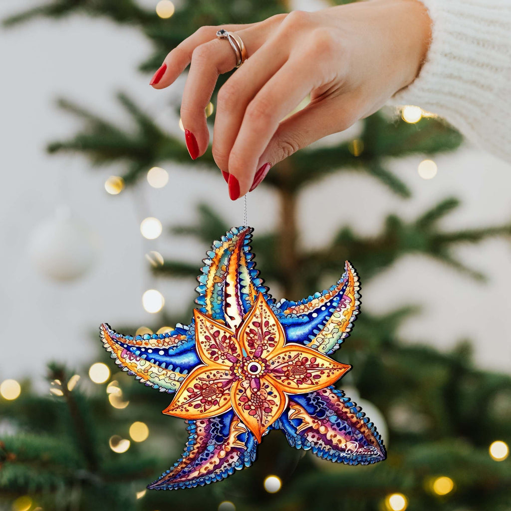 Nautical Christmas Ornaments - Mosaic Starfish Wooden Ornaments by G.Debrekht Coastal Holiday Decor - 8688180