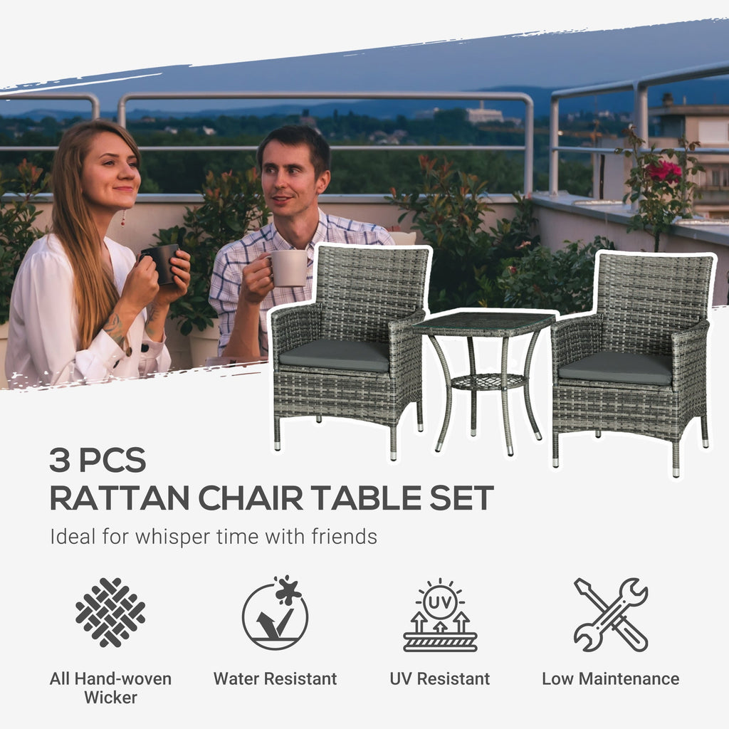 3 Piece Rattan Garden Bistro Set with Cushions - Light Grey-3
