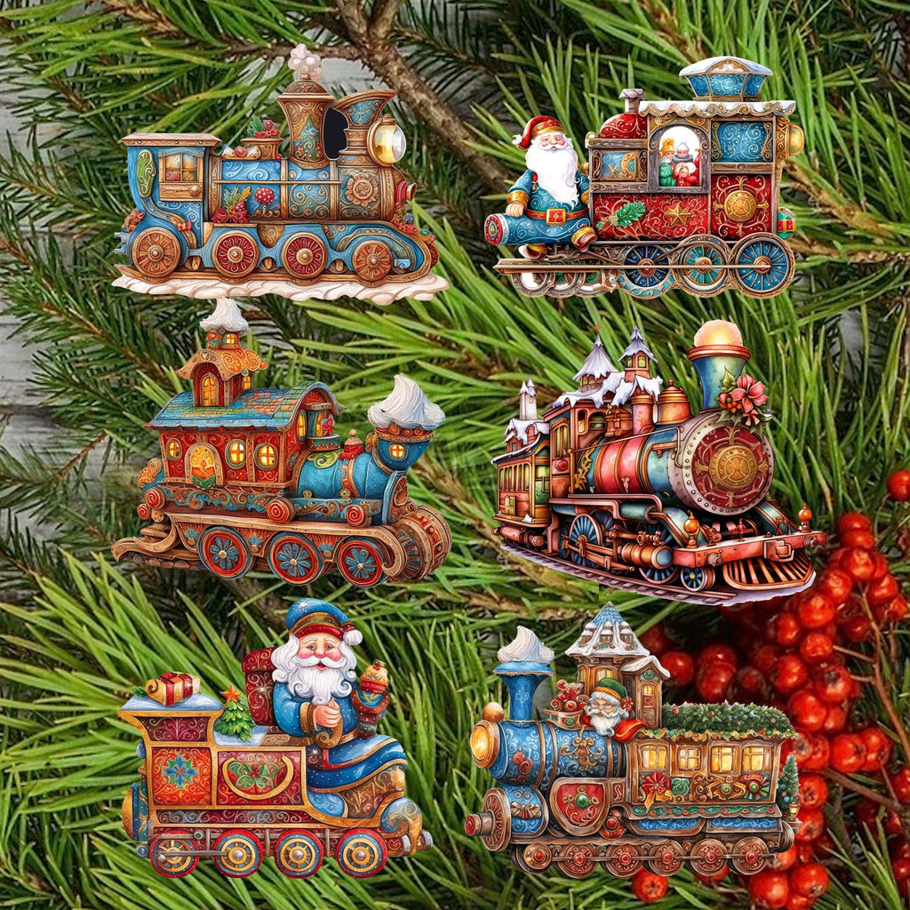Santa Christmas Train Decorative Wooden Clip-on Ornaments Set of 6 by G. Debrekht - Christmas Decor - 8090123C-S6
