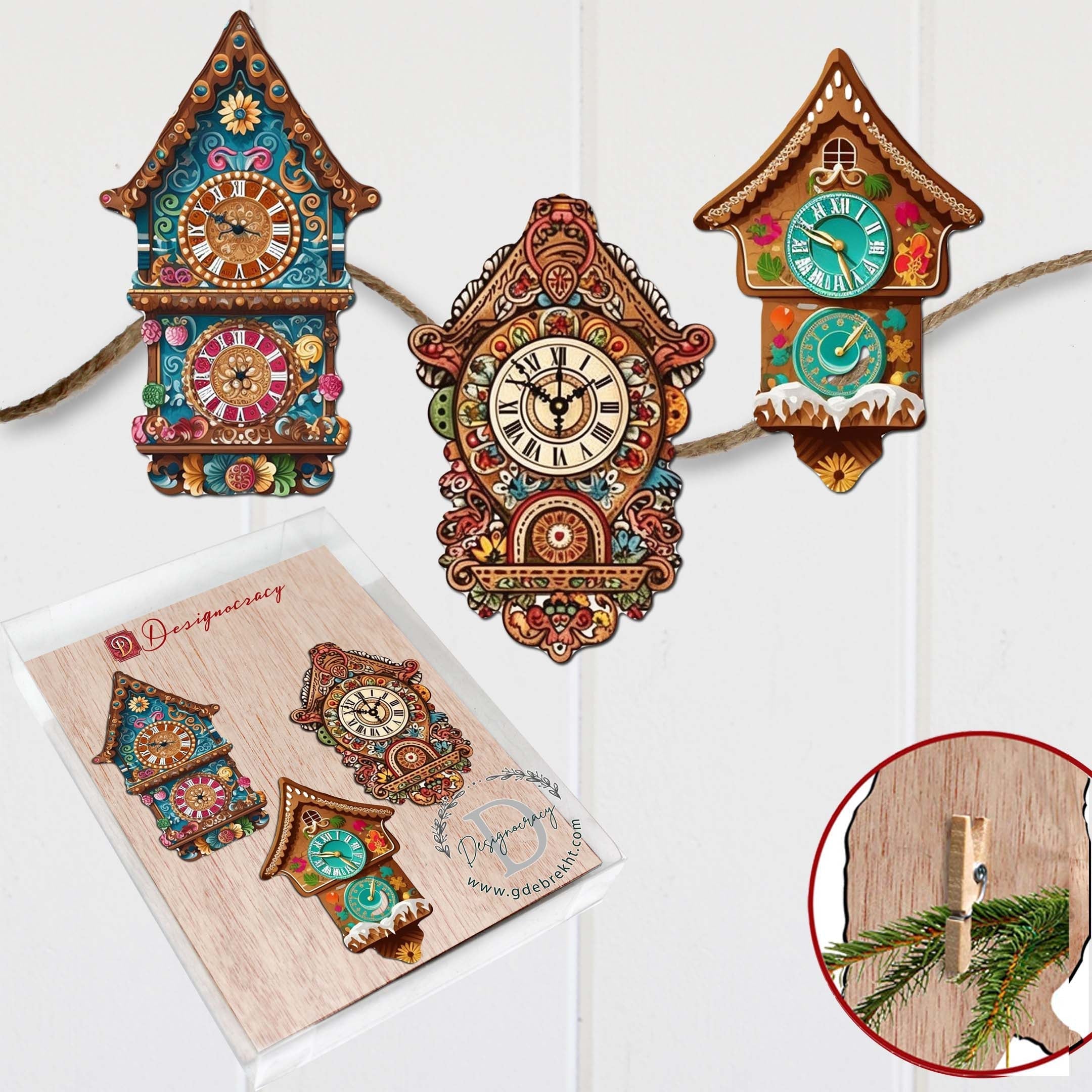 Miniature clock Decorative Wooden Clip-on Ornaments Set of 3 by G. Debrekht - Christmas Decor - 8091020C-S3