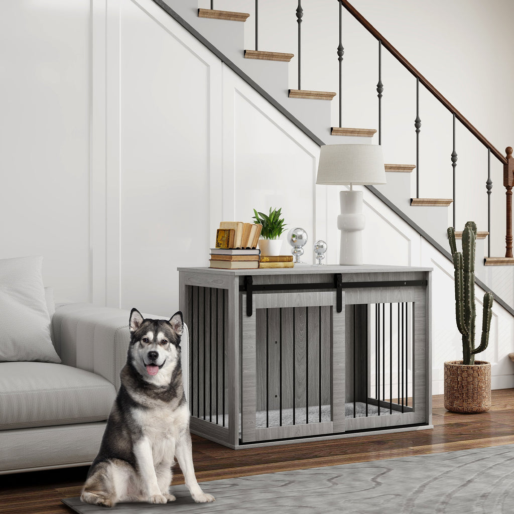 98cm Dog Crate Furniture with Removable Cushion for Large Dogs - Grey-1