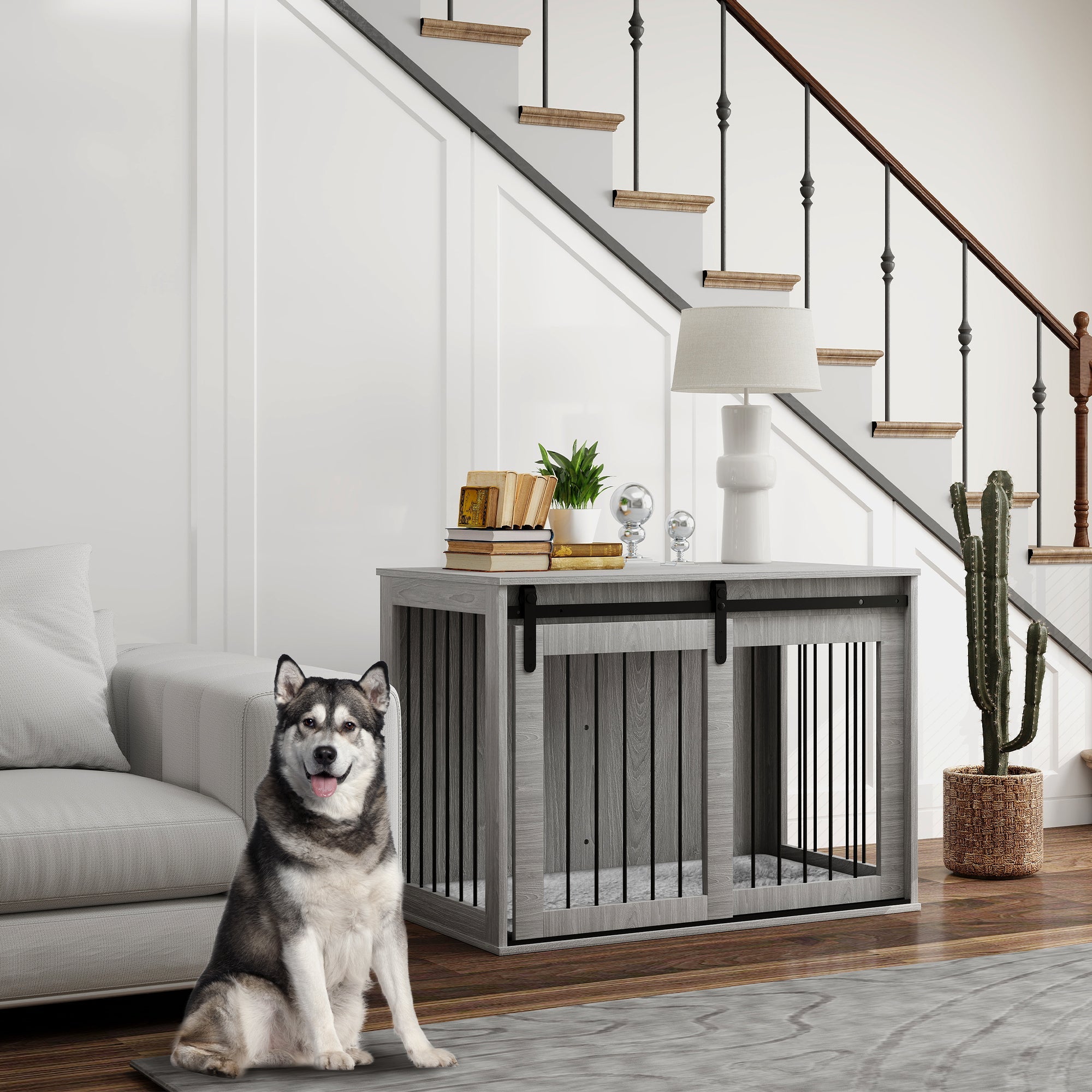 98cm Dog Crate Furniture with Removable Cushion for Large Dogs - Grey-1