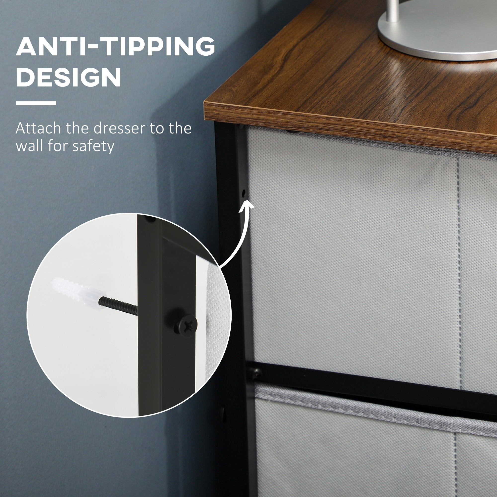 Chest of Drawers, Fabric Storage Drawers, Industrial Bedroom Dresser w/6 Fabric Drawers, Steel Frame, Wooden Top for Nursery, Living Room Grey-4