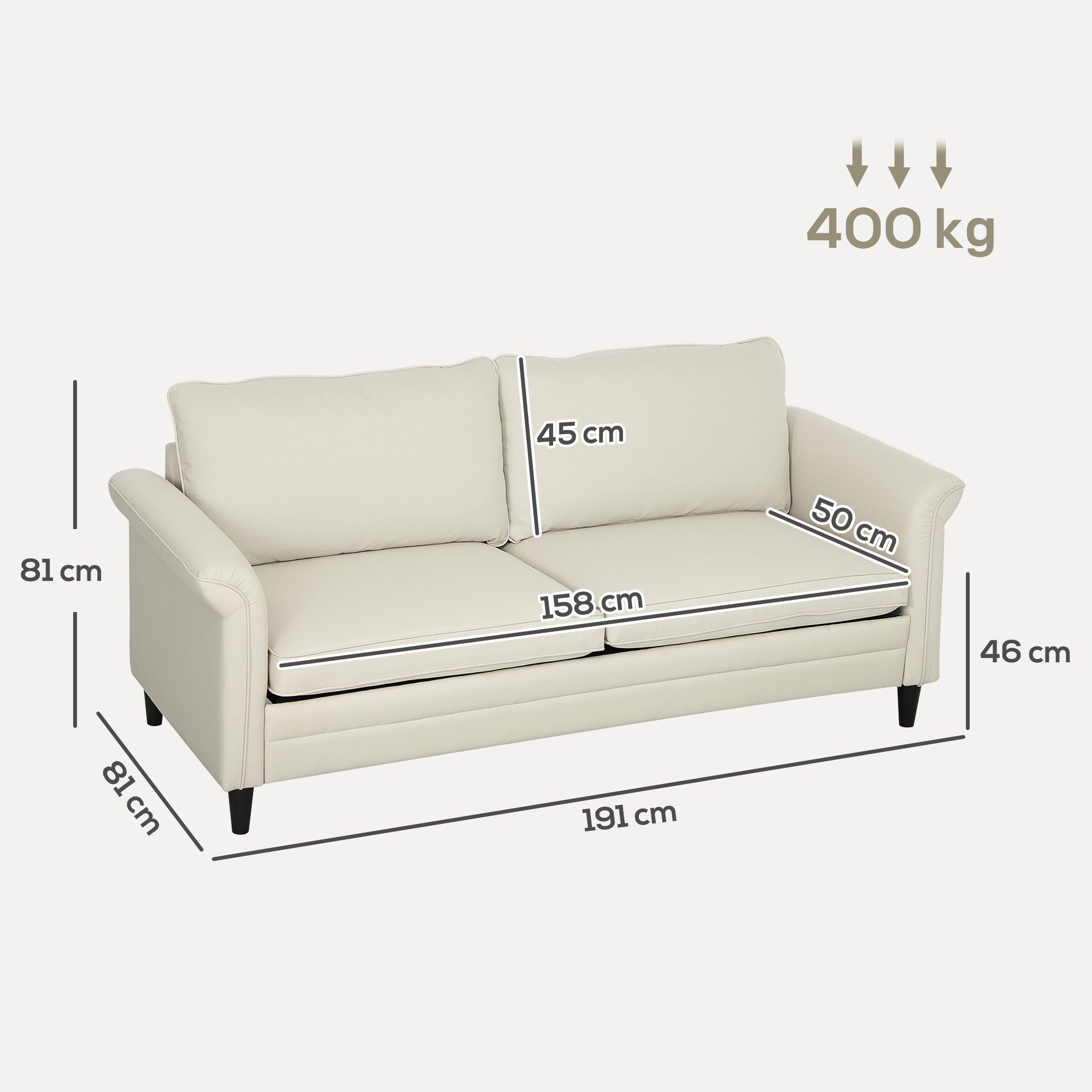 3 Seater Sofa, Modern Fabric Sofa Couch with Spring Cushion, Rubber Wood Legs, 191cm Upholstered Settee for Living Room, Bedroom, Home Office, Guest Room, Cream White-2