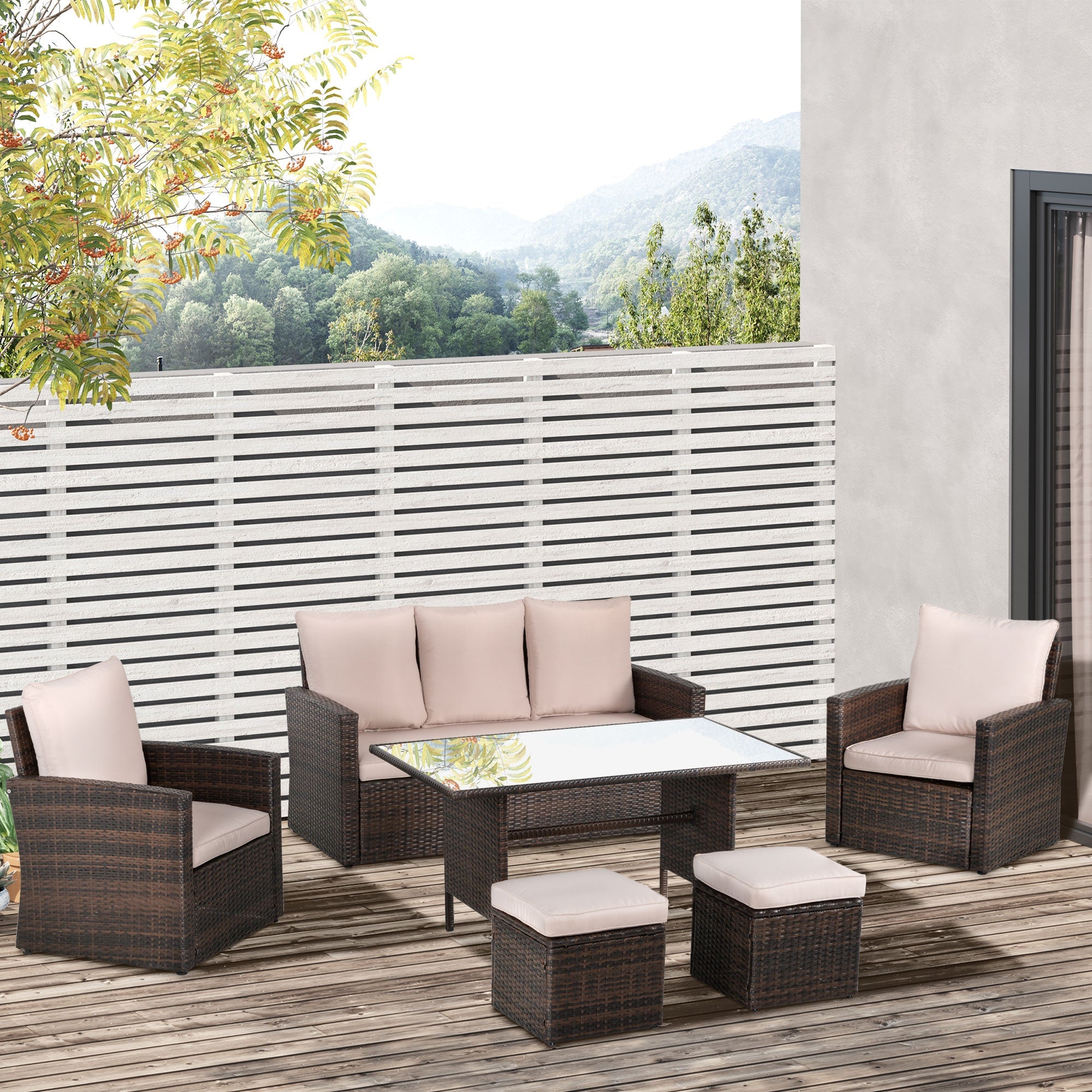 6 Piece Outdoor Rattan Dining Set with Cushions and Tempered Glass Table - Mixed Brown